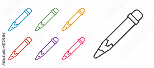 Set line Pencil with eraser icon isolated on white background. Drawing and educational tools. School office symbol. Set icons colorful. Vector