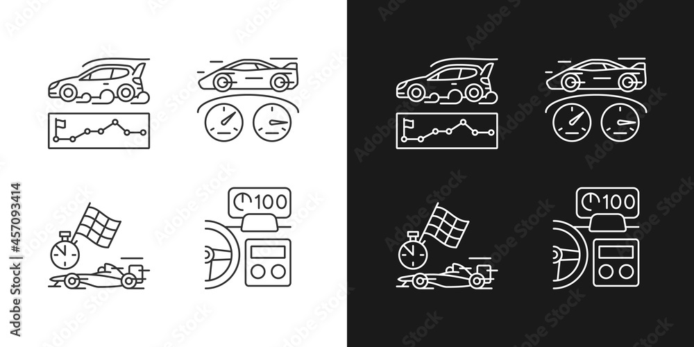 Automobiles racing for competition linear icons set for dark and light mode. Rallying event. Test car limits. Customizable thin line symbols. Isolated vector outline illustrations. Editable stroke