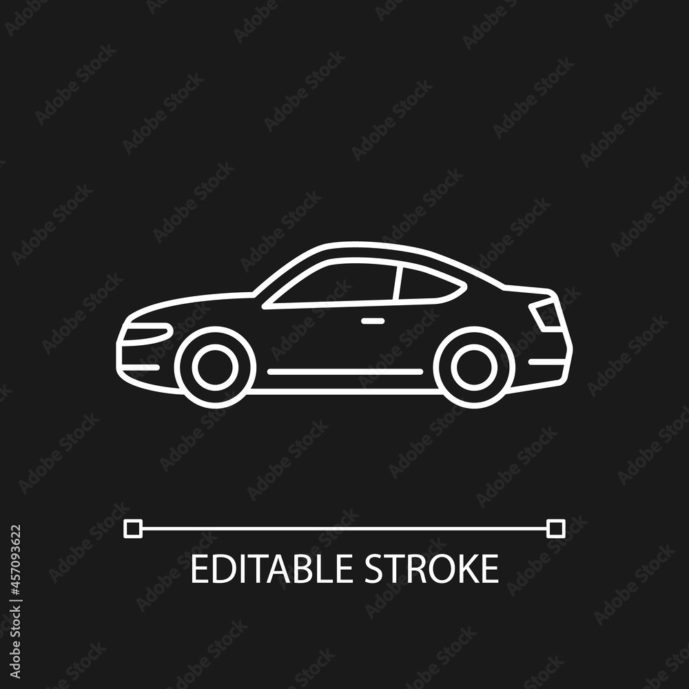 Coupe car white linear icon for dark theme. Two-door sports auto. Performance-oriented vehicle. Thin line customizable illustration. Isolated vector contour symbol for night mode. Editable stroke Coupe car white linear icon for dark theme. Two-door sports auto. Performance-oriented vehicle. Thin line customizable illustration. Isolated vector contour symbol for night mode. Editable stroke