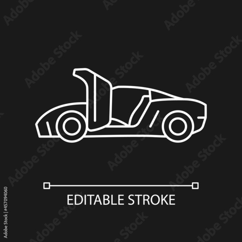 Car with synchro helix doors white linear icon for dark theme. Innovative solution for vehicle. Thin line customizable illustration. Isolated vector contour symbol for night mode. Editable stroke