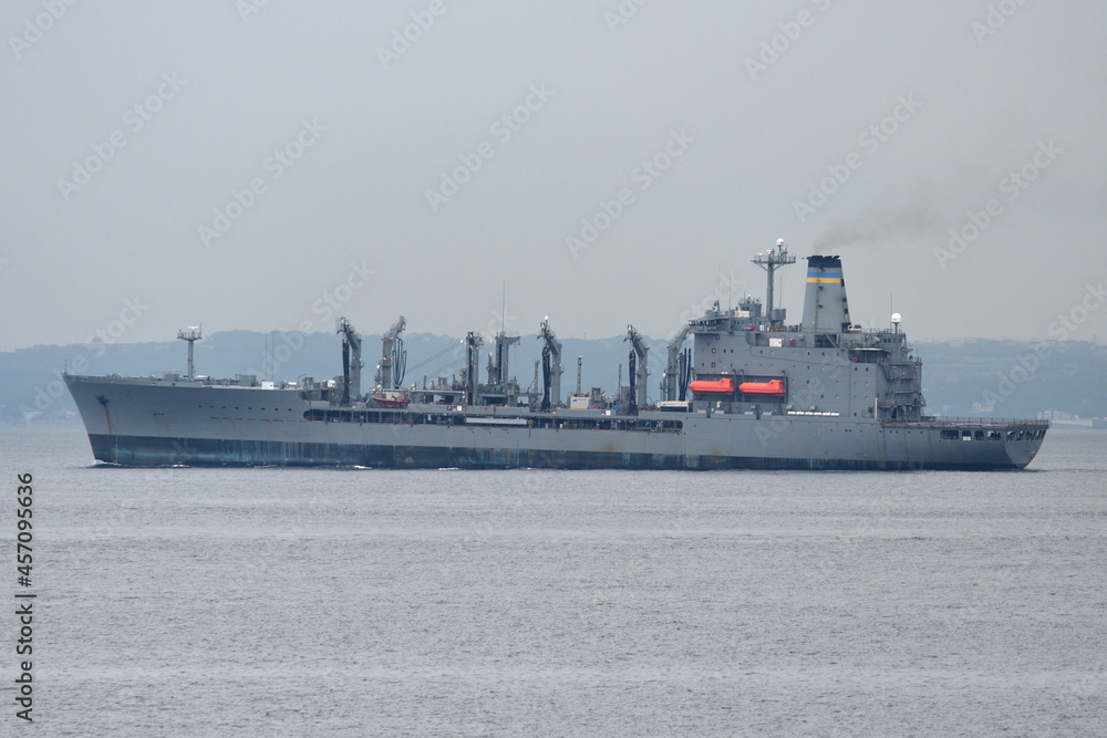 United States Navy replenishment oiler USNS Big Horn sailing in Tokyo Bay.