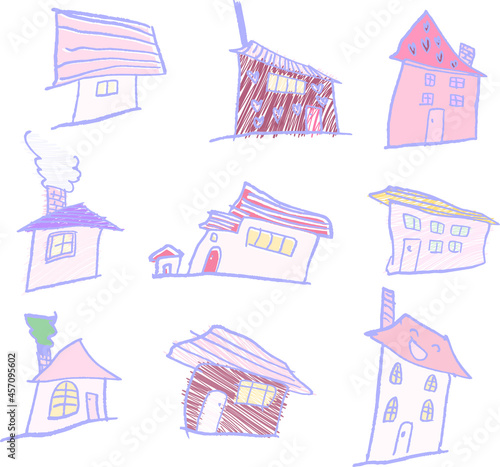 子供が描いた家のかわいい落書き お家 一軒家 セット
