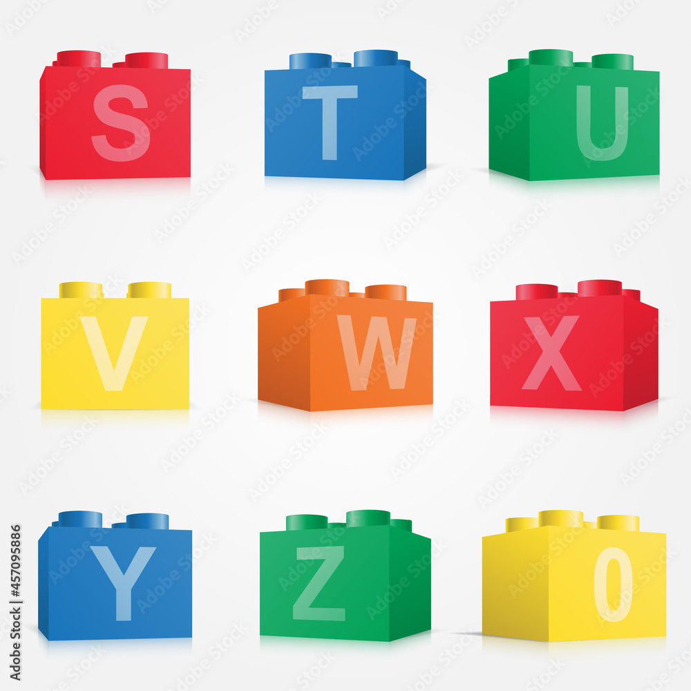 Alphabet from colorful brick block toy like Lego. Building brick fonts