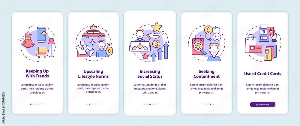 Consumerism motivation onboarding mobile app page screen. Purchasing contentment walkthrough 5 steps graphic instructions with concepts. UI, UX, GUI vector template with linear color illustrations