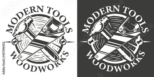Black and white vintage emblem on the carpentry theme. Vector