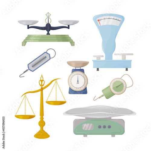 A large set with the image of scales of various shapes and purposes. Vintage store scales of various shapes. Vector illustration isolated on a white background