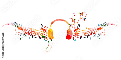 Colorful musical notes staff and headphones. Musical poster for mental wellbeing, listening music, relaxing, having fun, celebrate and enjoy vector illustration design
