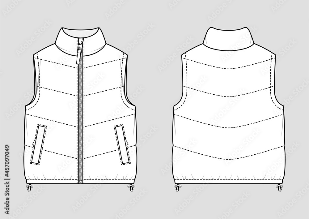 Padded warm gilet. Puffer vest. Vector technical sketch. Mockup template.  Stock Vector | Adobe Stock