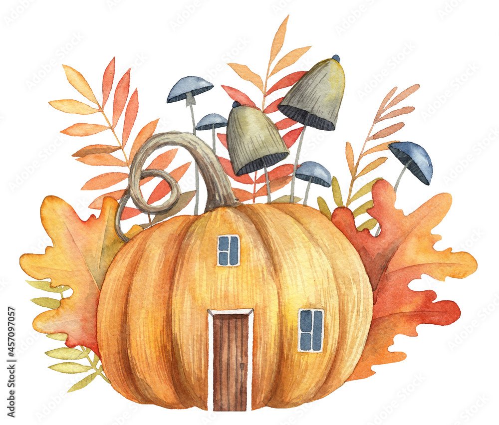 Watercolor detailed illustration of giant pumpkin house with wooden ...