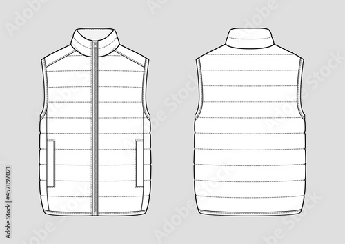 Lightweight puffer gilet. Padded vest. Technical vector sketch. Mockup template. photo