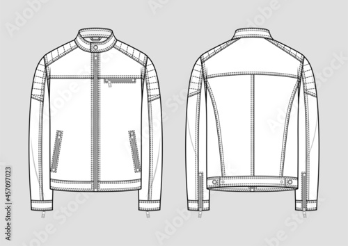 Classic leather jacket. Men's casual clothing. Cassic biker jacket. Vector technical sketch. Mockup template. photo