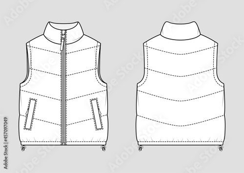 Padded warm gilet. Puffer vest. Vector technical sketch. Mockup template. photo