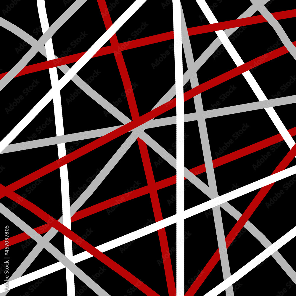 Abstract colorful (red, white, grey) hand drawn lines decoration on black background