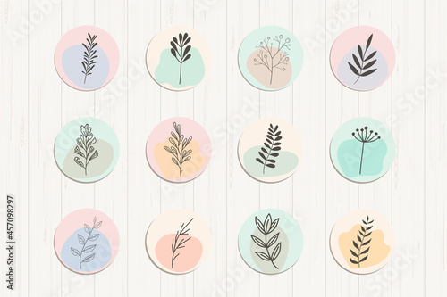 Instagram story highlight icon. Set of doodle element with flower and leaf. Boho flower logo design. Logo for boutique, floral shop, eco product. Hand drawn vector illustration