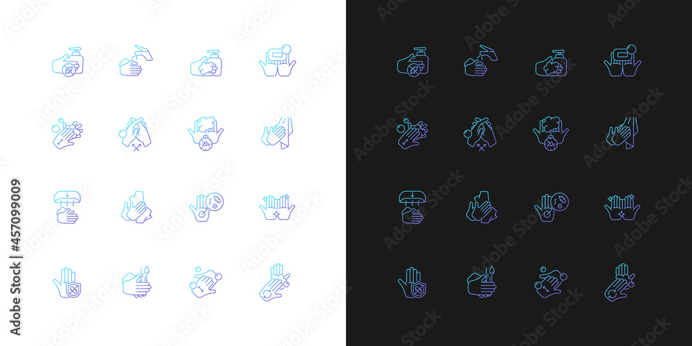 Keeping hands clean gradient icons set for dark and light mode. Washing with soap and water. Thin line contour symbols bundle. Isolated vector outline illustrations collection on black and white Keeping hands clean gradient icons set for dark and light mode. Washing with soap and water. Thin line contour symbols bundle. Isolated vector outline illustrations collection on black and white