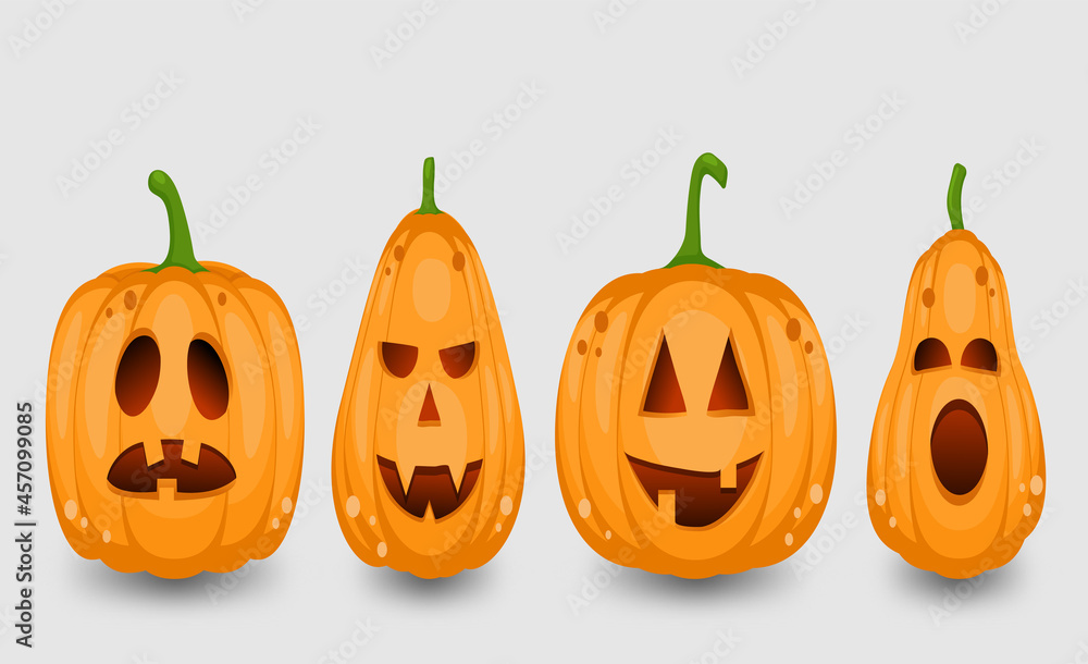 Set pumpkin on white background. The main symbol of the Happy Halloween holiday. Orange pumpkin with smile for your design for the holiday Halloween. Vector illustration. Set pumpkin on white background. The main symbol of the Happy Halloween holiday. Orange pumpkin with smile for your design for the holiday Halloween. Vector illustration.