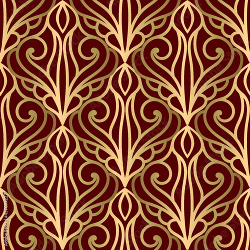 Damask seamless gold pattern in vector on a red-brown background, beautiful wallpaper 