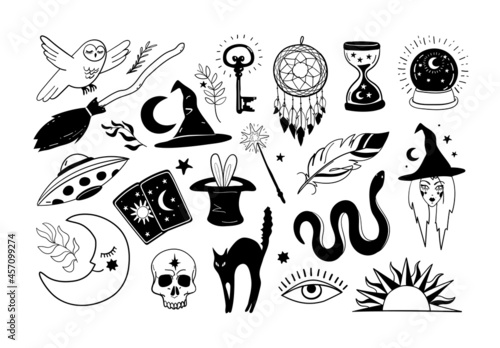 Halloween icons set. Hand drawn elements for witch and witchcraft, magic stickers, magic ball, cat, witch broom. Vector illustration isolated on white background. photo