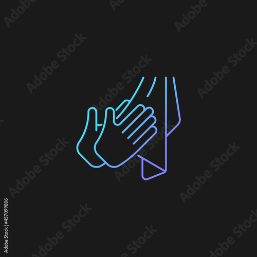 Dry hands with towel gradient vector icon for dark theme. Effective bacteria removing. Using paper and textile towels. Thin line color symbol. Modern style pictogram. Vector isolated outline drawing