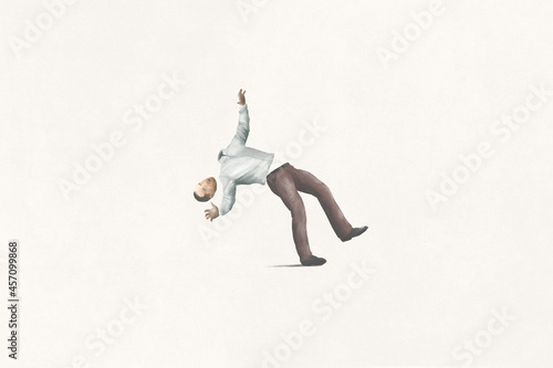 illustration of surreal man collapsing in pieces in the ground, abstract failure concept