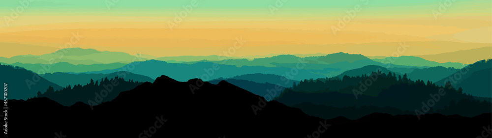 Abstract black blue yellow landscape background banner panorama illustration painting - Breathtaking view with black silhouette of mountains, hills and forest.