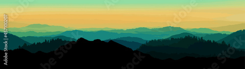 Canvastavla Abstract black blue yellow landscape background banner panorama illustration painting - Breathtaking view with black silhouette of mountains, hills and forest
