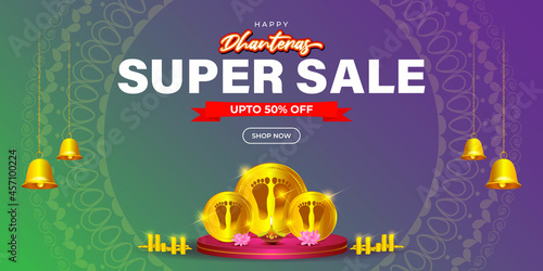 Vector Dhantera Big Sale banner, up to 50% off, lotus, diya, on beautiful bokeh background. Limited offer. assured an gift