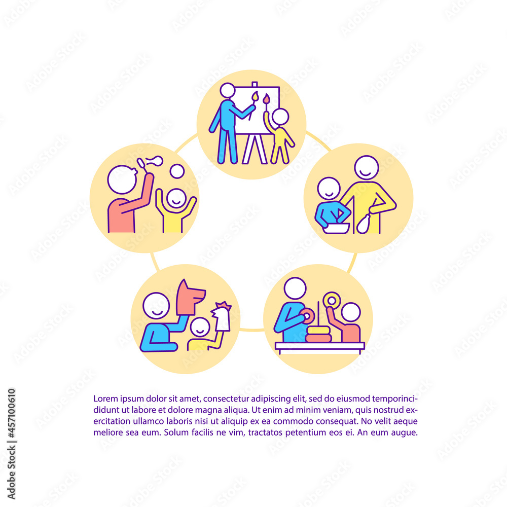 Parent and child interaction concept line icons with text. PPT page vector template with copy space. Brochure, magazine, newsletter design element. Social development linear illustrations on white