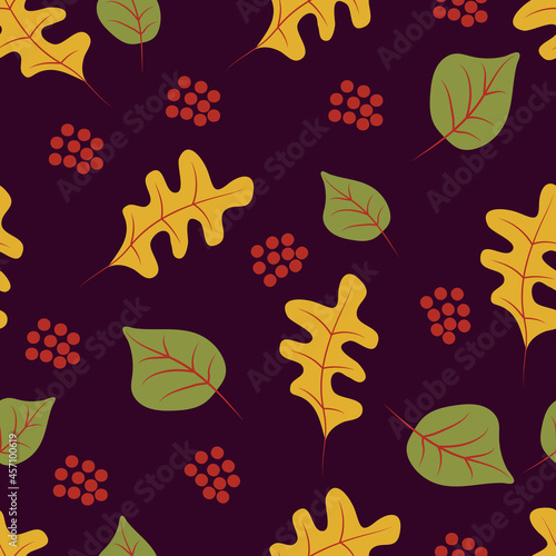 Seamless patterns with autumn leaves  berries. Cute autumn forest pattern on a dark background. Creative vector. Suitable for printing wallpapers  paper and fabric.