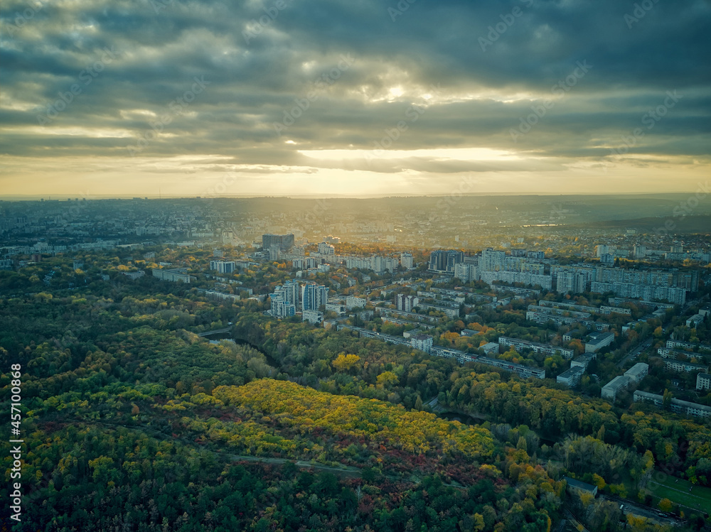 Aerial over the city in autumn at sunset. Kihinev city, Moldova republic of.
