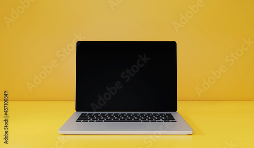3D Rendering : Illustration of front view of laptop on yellow flat desk and wall background. technology item gadget. trending item hipster. black monitor. minimalism picture style.