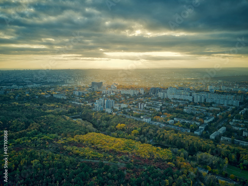 Aerial over the city in autumn at sunset. Kihinev city, Moldova republic of.