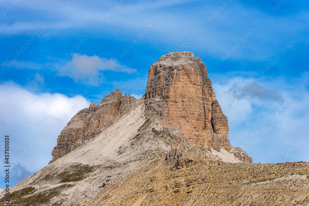 Fototapeta premium Mountain peak of Schwabenalpenkopf or Torre dei Scarperi in the natural park of Tre Cime di Lavaredo or Drei Zinnen, Dolomites, UNESCO world heritage site, Trentino-Alto Adige, Italy, Europe.