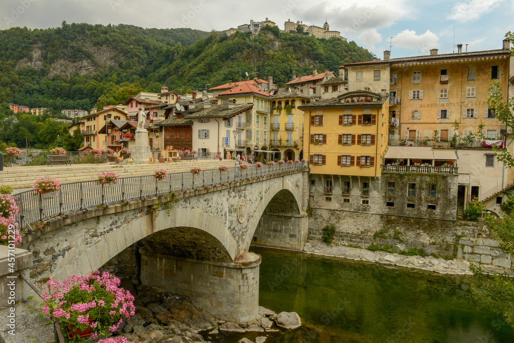 Varallo Sesia village and Sacred mountain sanctuary on background in Piedmont, Italy