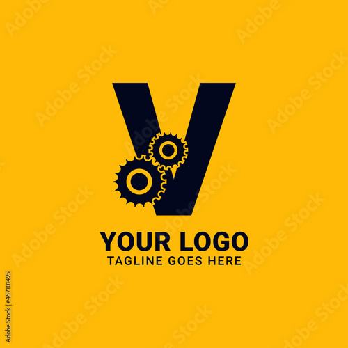 letter V with gear for technology and mechanical vector logo design