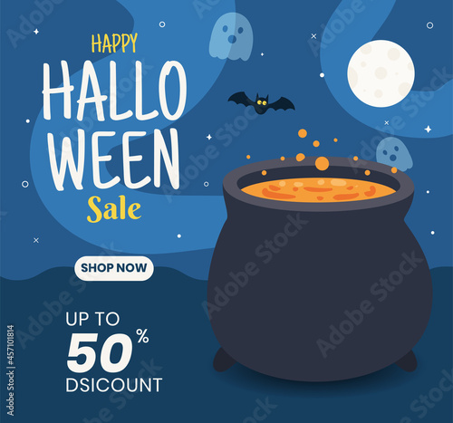 Happy Halloween social media post banner with keg illustration in blue color sky background