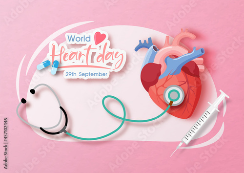 Doctor stethoscope with a human heart and the day and name of event banner on abstract shape and pink paper pattern background. Poster campaign of World Heart Day in paper cut style and vector design.