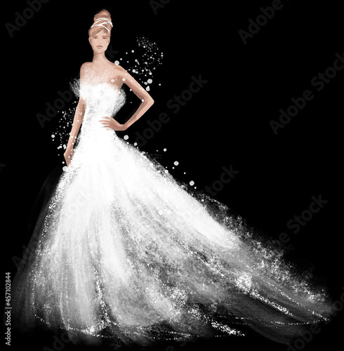 retro vogue style fashion illustration, woman wearing a beautiful wedding dress, hand drawing white chalk on black background, set illustration (ID: 457102844)