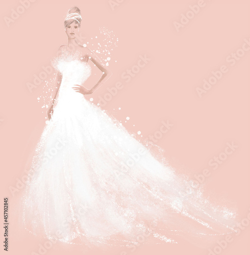 retro vogue style fashion illustration, woman wearing a beautiful wedding dress, hand drawing white chalk on colored background, set illustration (ID: 457102845)