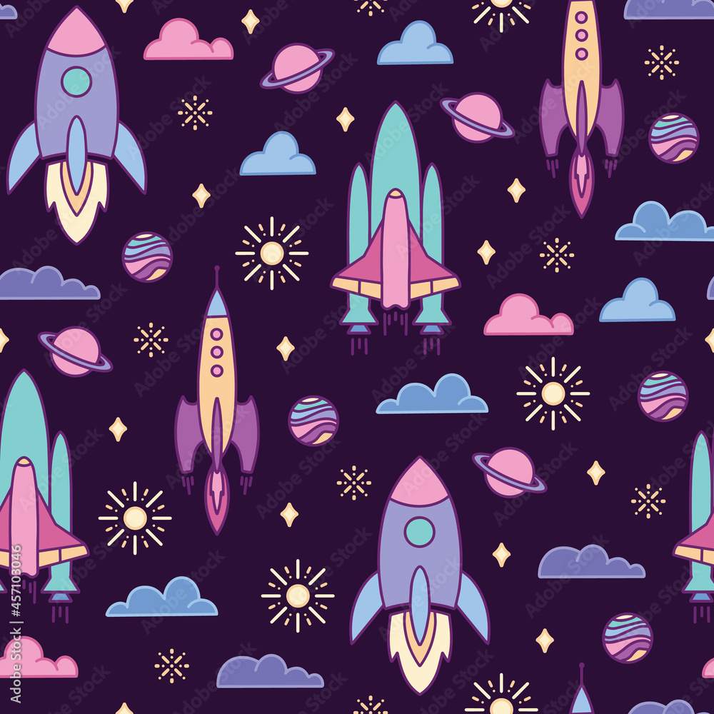 Cute universe seamless pattern with asteroids, planets, spaceship and rockets. Repeat print background. Vector illustration. Great for kids and celestial projects. Surface pattern design. Cute universe seamless pattern with asteroids, planets, spaceship and rockets. Repeat print background. Vector illustration. Great for kids and celestial projects. Surface pattern design.