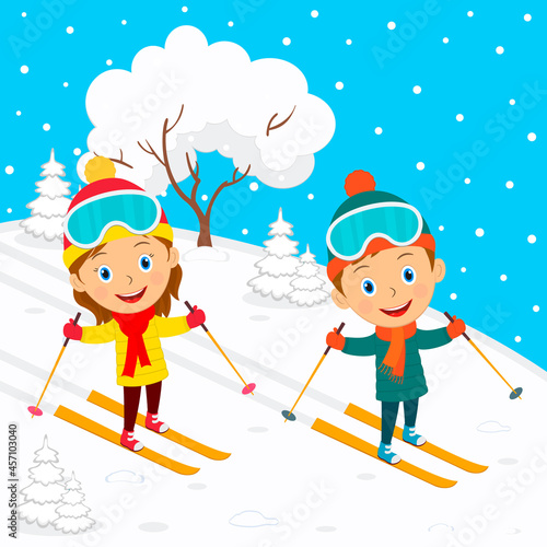 cute cartoon kids skiing