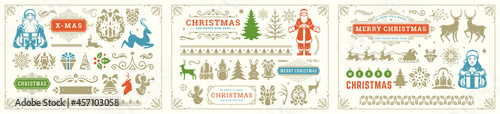 Christmas vector decoration elements with ornate vignettes and symbols set.