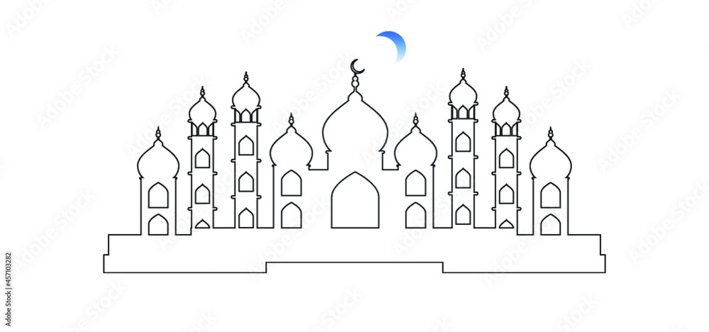 Mosque continuous line drawing vector minimalist design. islamic symbol sign isolated one white background. eid mubarak idul adha fitr fitri lebaran. coloring book for children