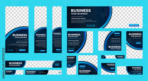 Black and Blue banner design web template Set, Horizontal header web banner. Modern Gradient Blue cover header background for website design, Social Media Cover ads banner, flyer, invitation card