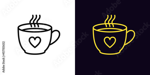 Outline coffee cup icon, with editable stroke. Linear tea cup sign with heart, mug silhouette