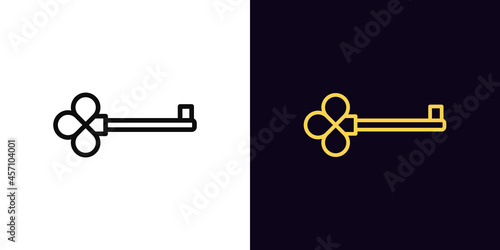 Outline key icon, with editable stroke. Linear key sign, magic clue pictogram