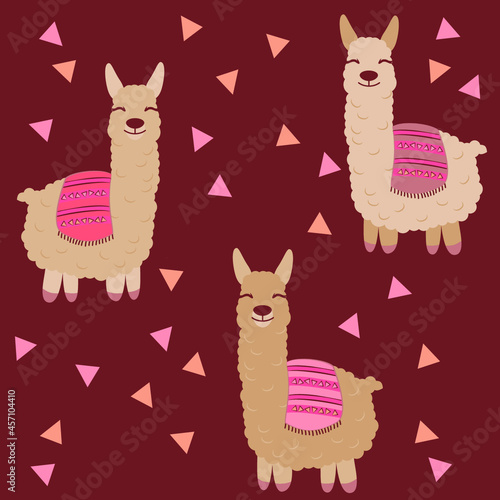 Vector alpaca pattern for kids. Colorful seamless alpaca, triangle, clouds and mountains pattern. Perfect for greetings, invitations, manufacture wrapping paper, textile and web design. Vector pattern