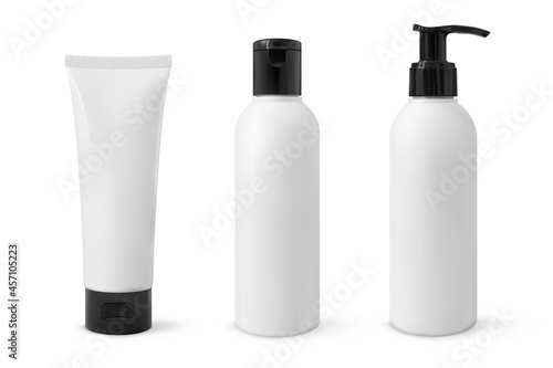Set of realistic cosmetic tubes mockup isolated. 3d vector illustration beauty product white plastic containers with black cap template