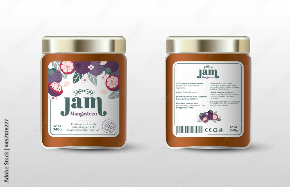 Mangosteen jam. Label for jar and packaging. Whole and cut ...