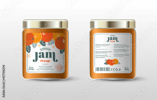 Orange jam. Label for jar and packaging. Whole and cut fruits, leaves and flowers, text, sugar free icon.